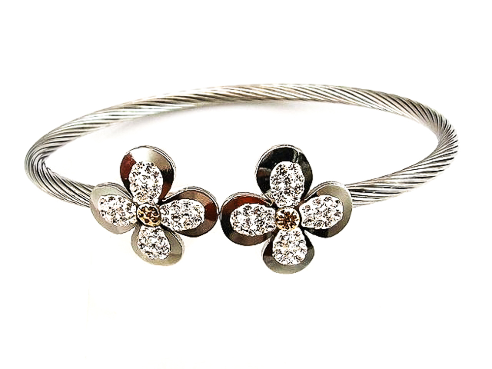 Pulsera cordon de Acero Flores con Circonitas y Oro