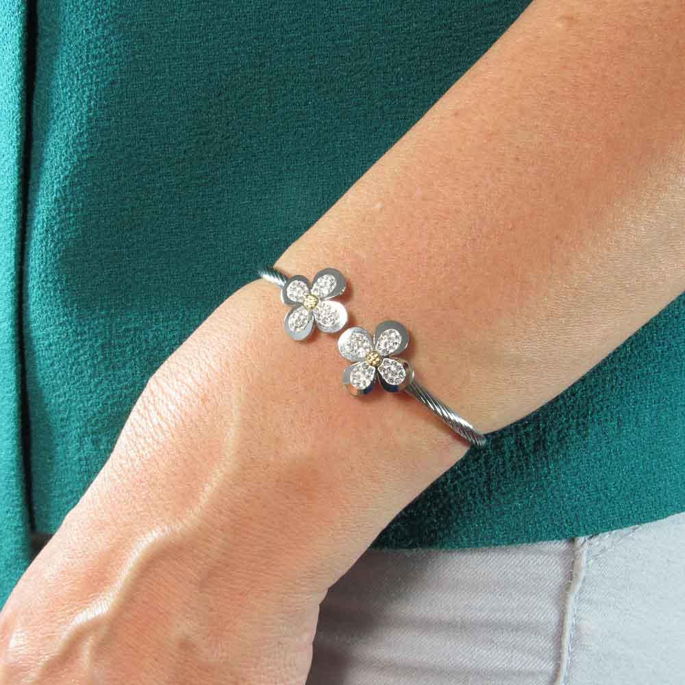 Pulsera cordon de Acero Flores con Circonitas y Oro 1