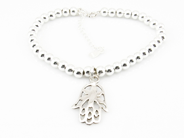 Pulsera bolas de Plata con Mano de Fátima colgante