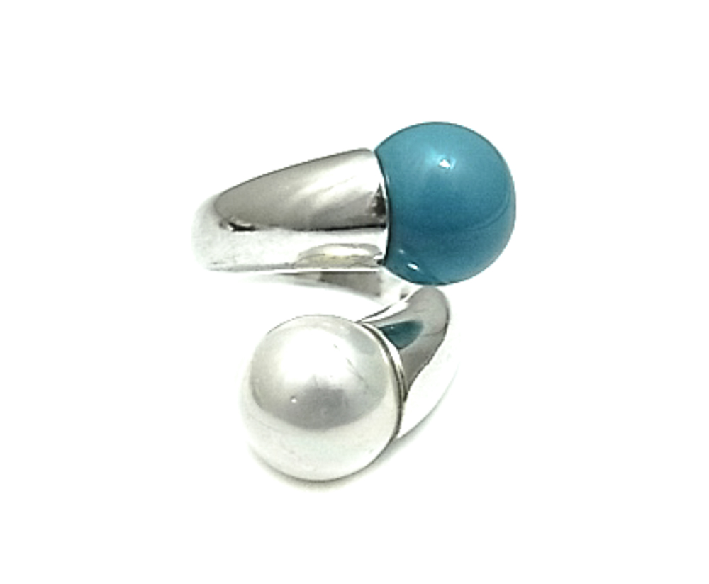 Sortija de Plata con doble perla blanca y turquesa 12 Mm.