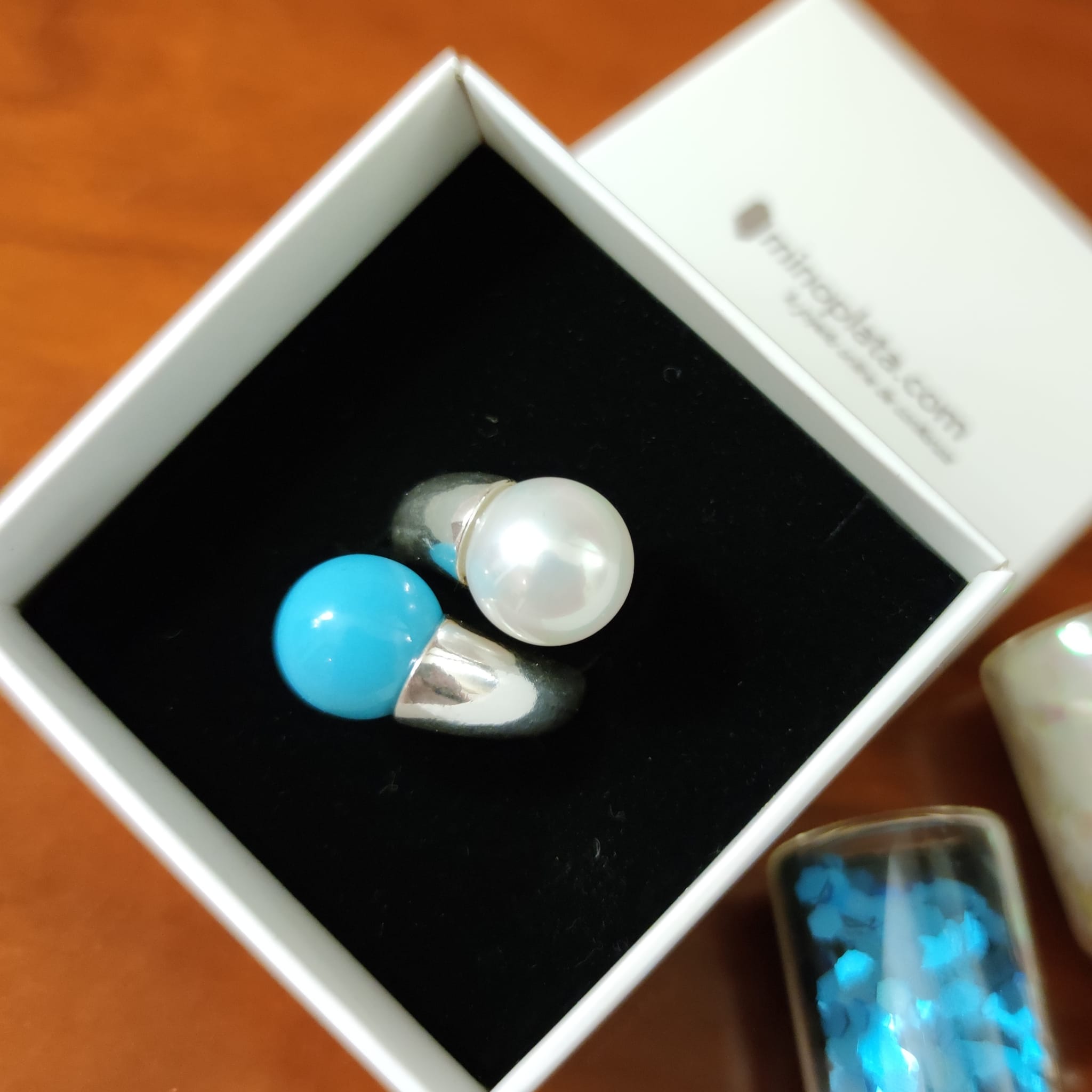 Sortija de Plata con doble perla blanca y turquesa 12 Mm. 3