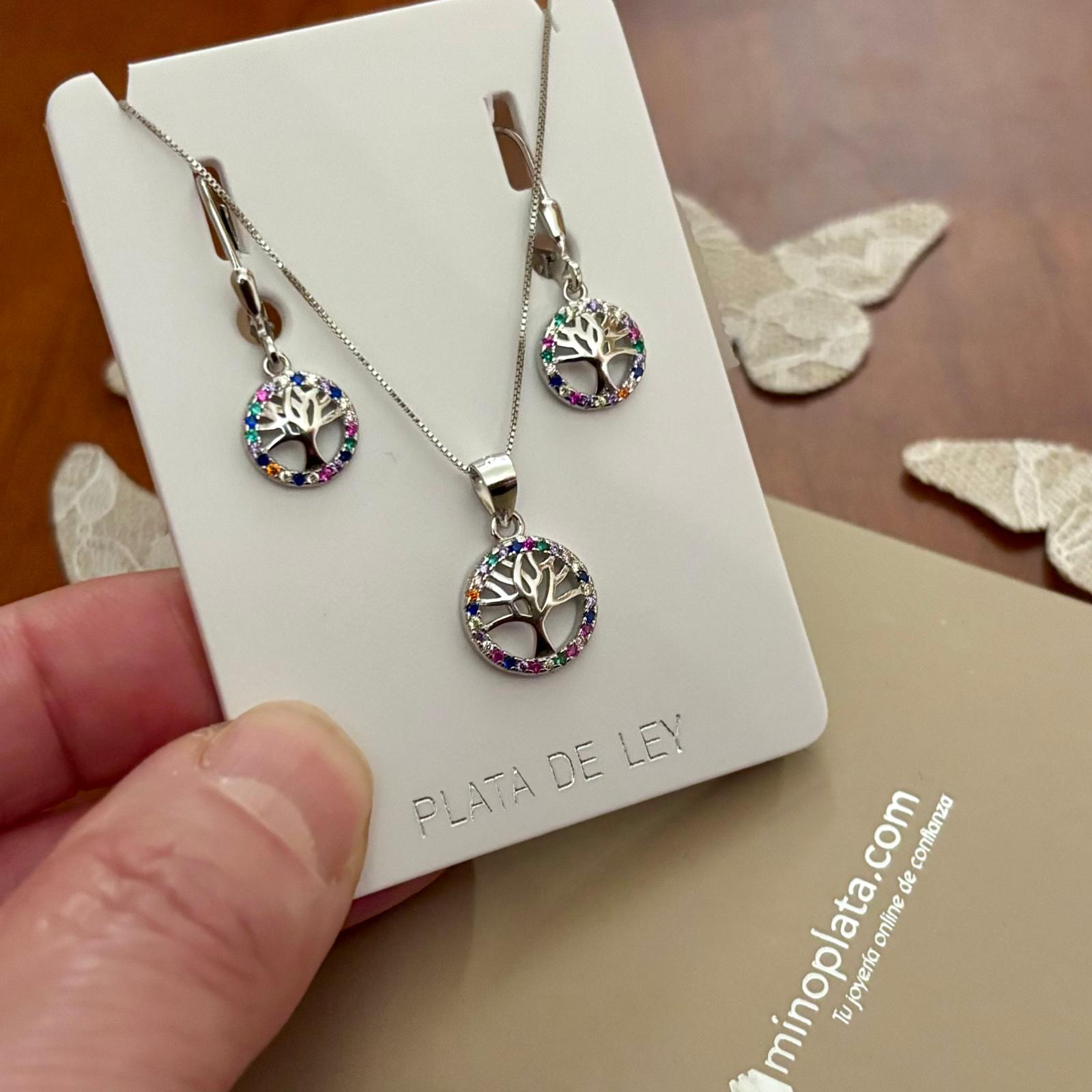 Conjunto Pendientes y Collar árbol de la vida de Plata y Circonitas colores