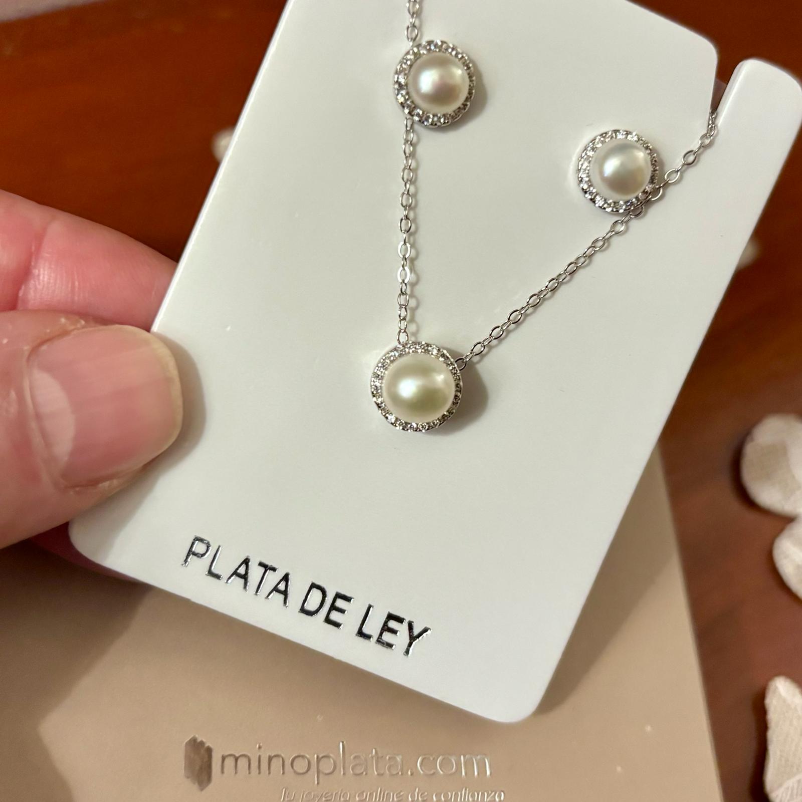 Conjunto Pendientes y Collar de Plata de ley rodiada con Circontias y Perlas cultivadas