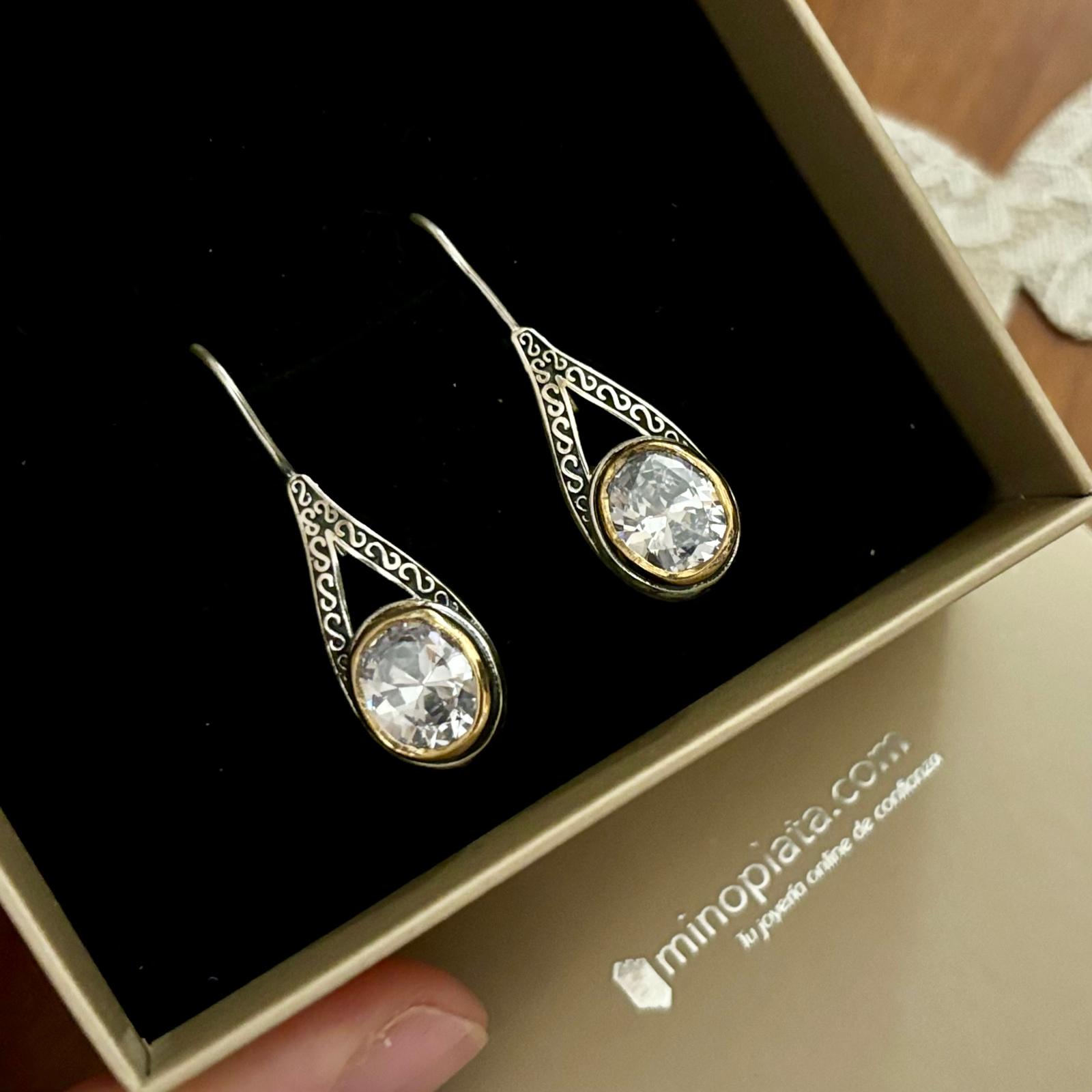 Pendientes de Plata vieja y latón con Circonitas blancas 2