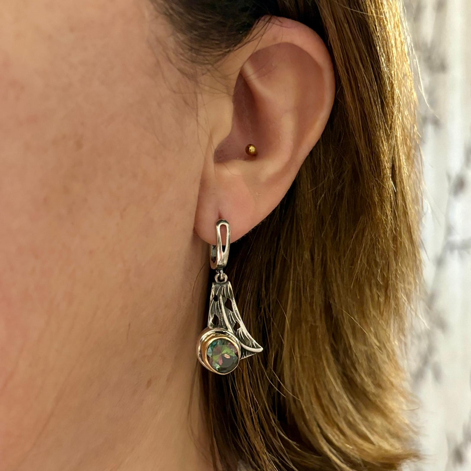 Pendientes largos Plata envejecida y latón con piedra natural Topazio místico 2