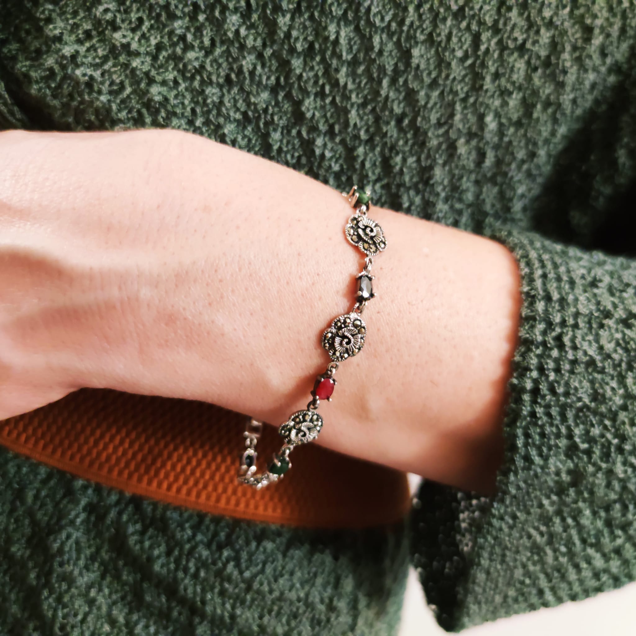 Pulsera de Plata vieja con piedras preciosas Marcasitas 3