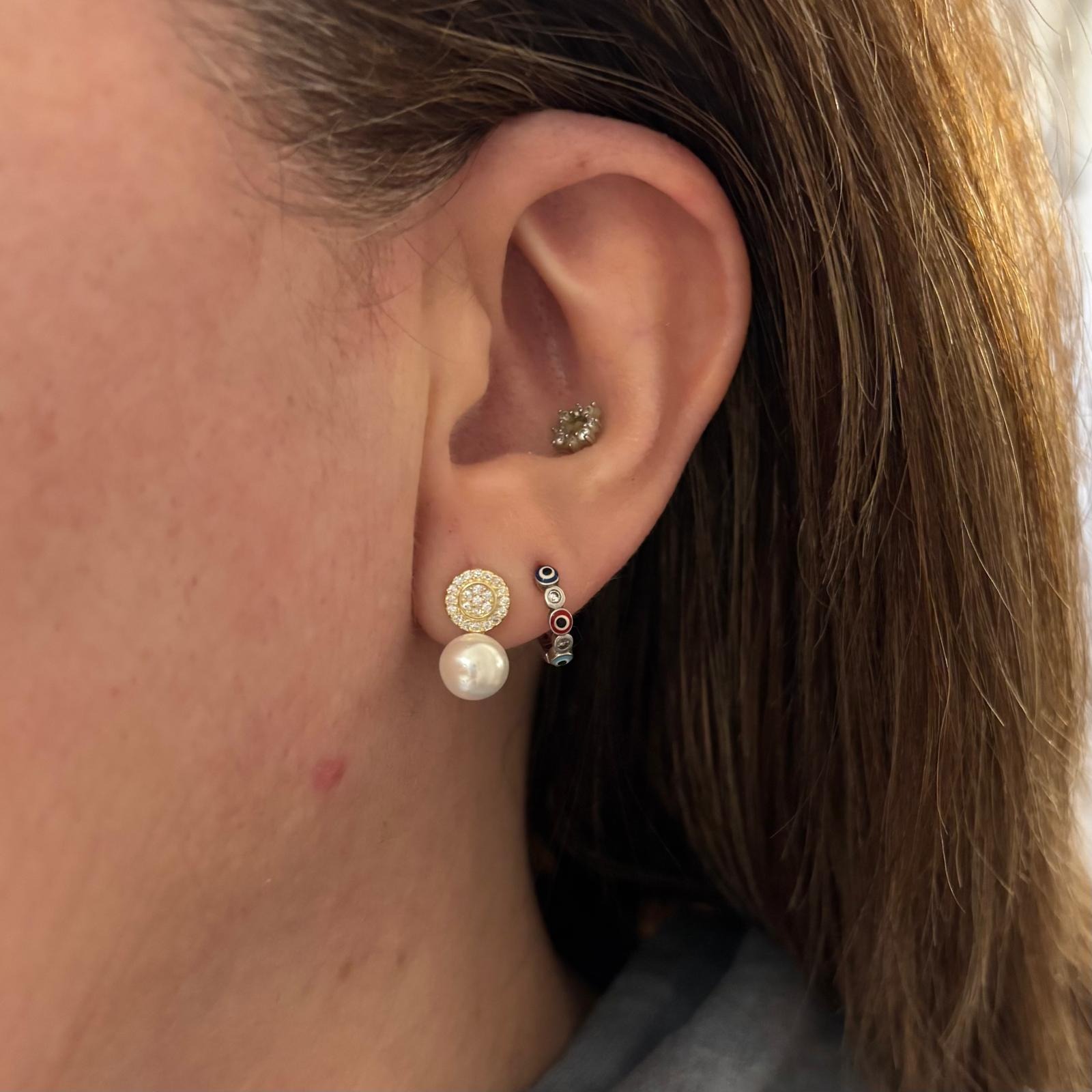 Juego de Pendientes y Anillo ajustable en Plata chapada dorada con Perlas cultivadas y Circonitas 5