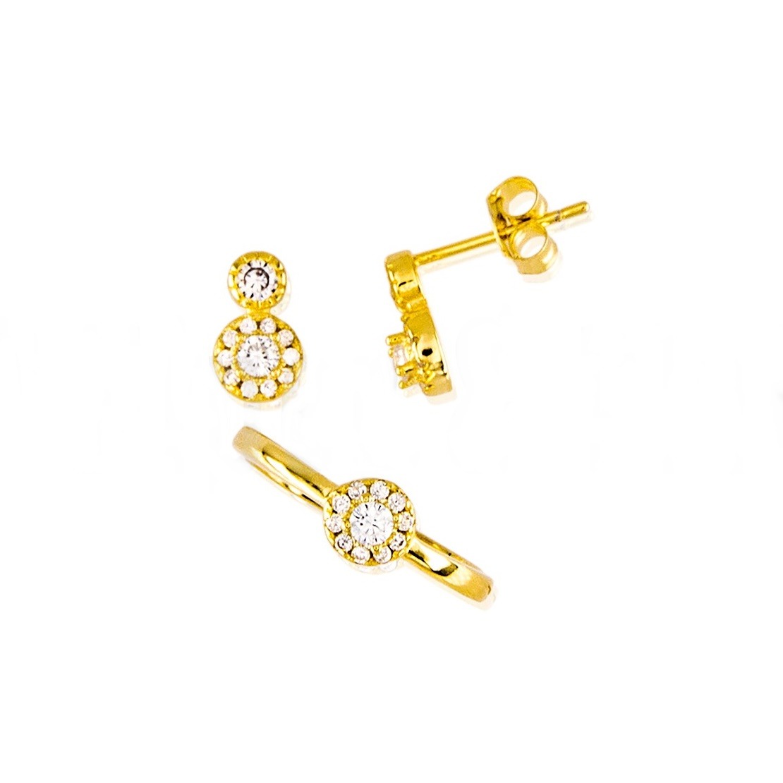 Juego Pendientes con Anillo ajustable de Plata de ley chapada en Oro y Circonitas