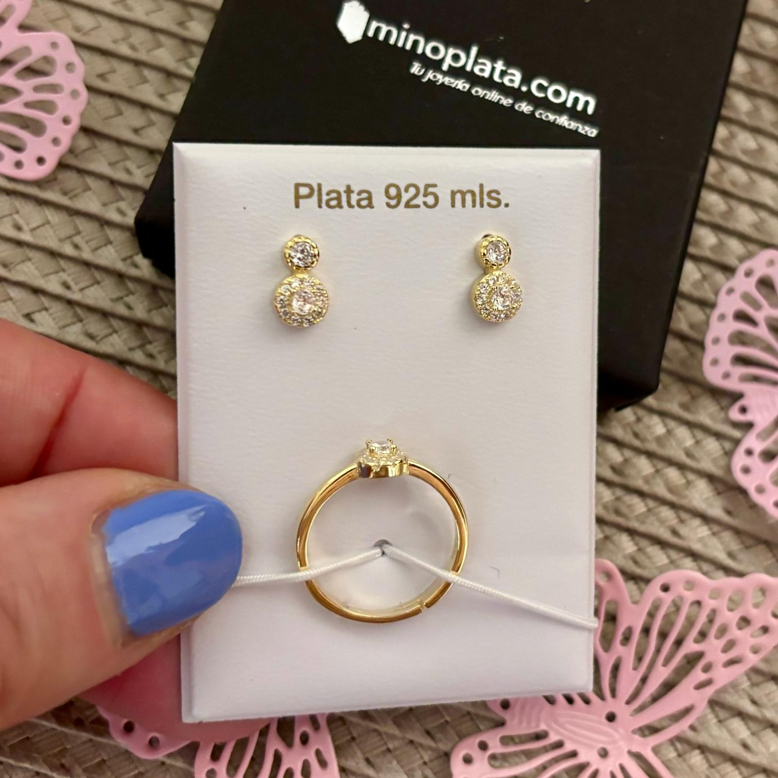 Juego Pendientes con Anillo ajustable de Plata de ley chapada en Oro y Circonitas 1