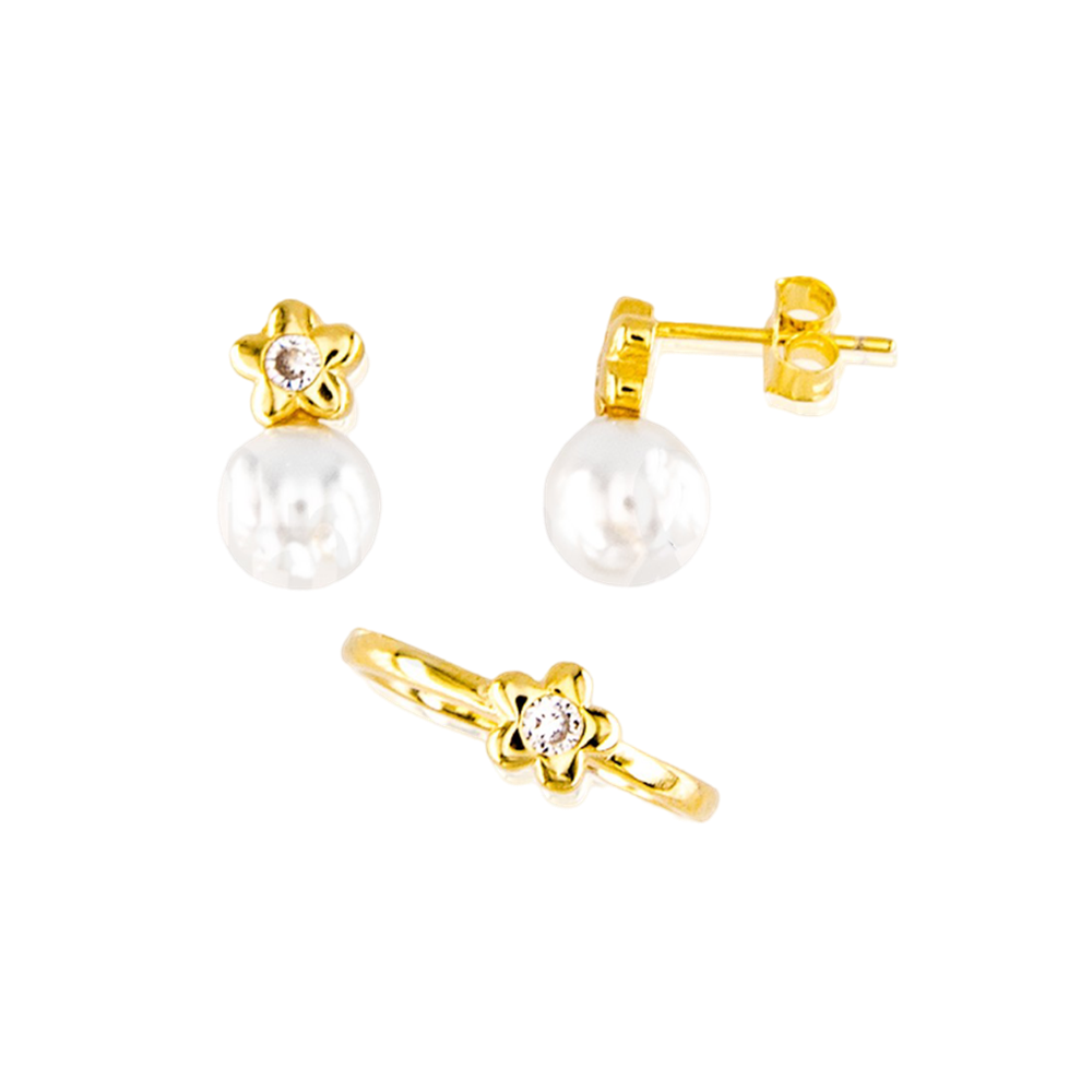 Juego infantil flor Pendientes y Anillo ajustable de Plata dorada con Perlas Cultivadas y Circonitas