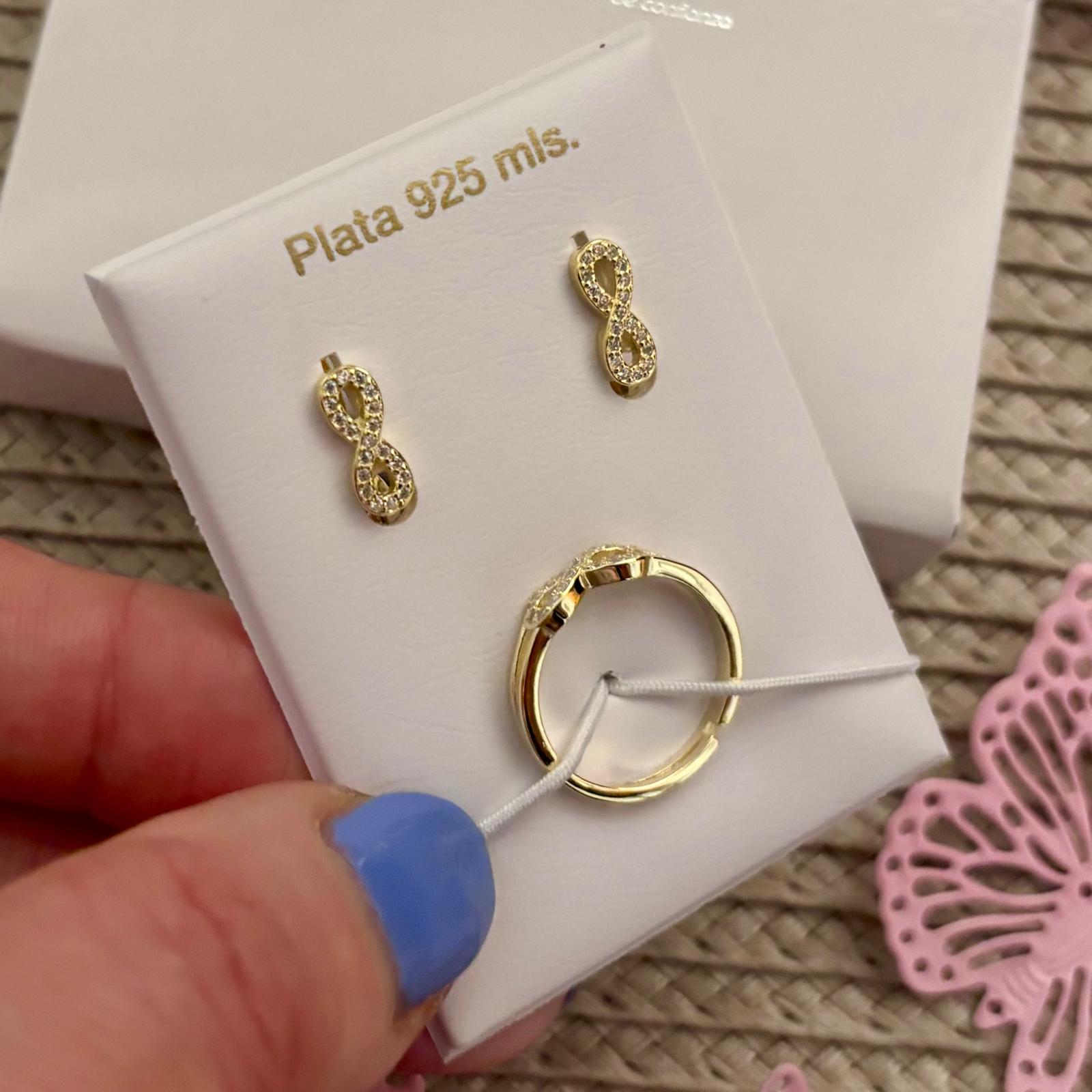 Juego Pendientes y Sortija ajustable infinito de Plata de ley chapada en Oro con Circonitas_1