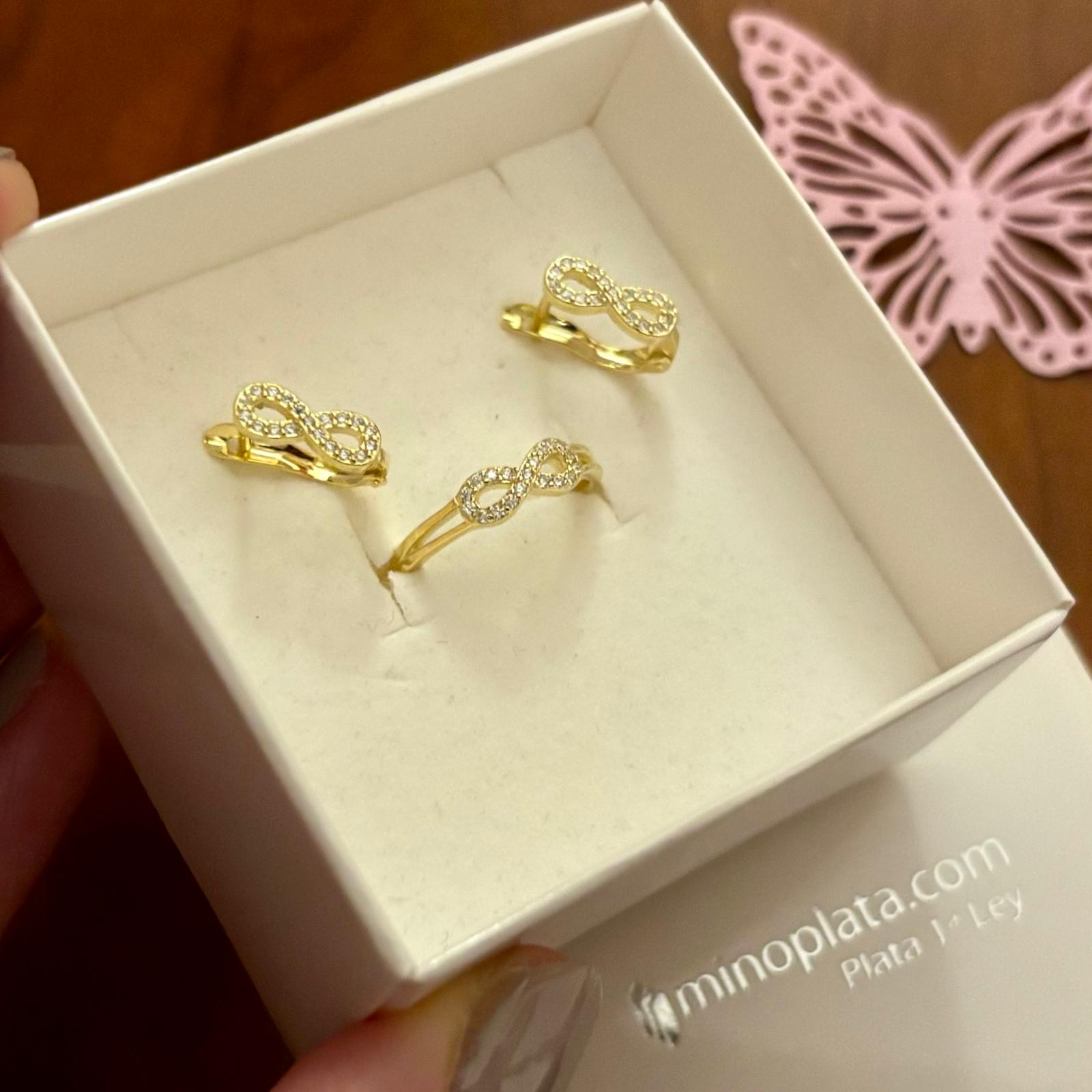 Juego Pendientes y Sortija ajustable infinito de Plata de ley chapada en Oro con Circonitas 5