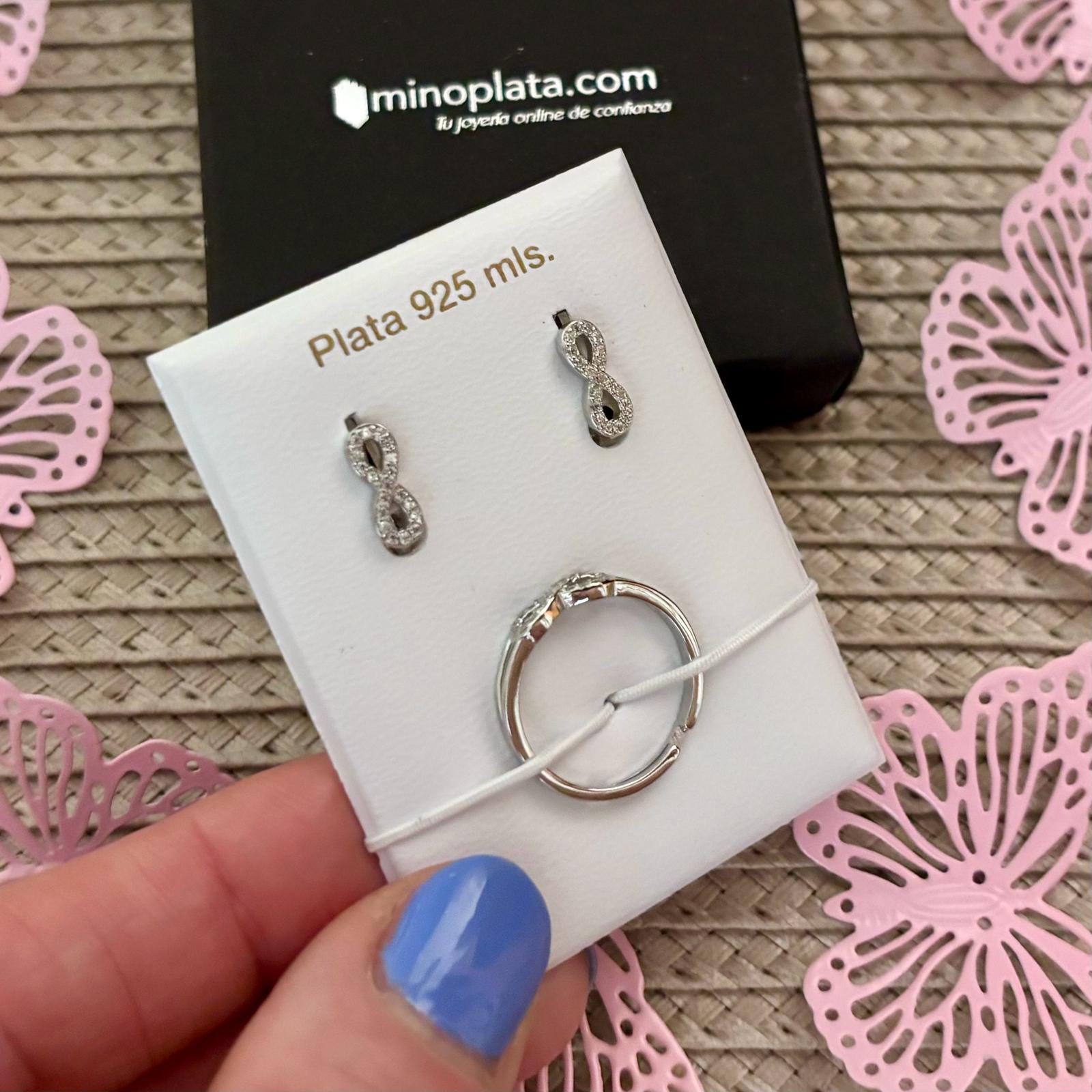 Conjunto Pendientes y Anillo ajustable infinito de Plata rodiada con Circonitas para niña