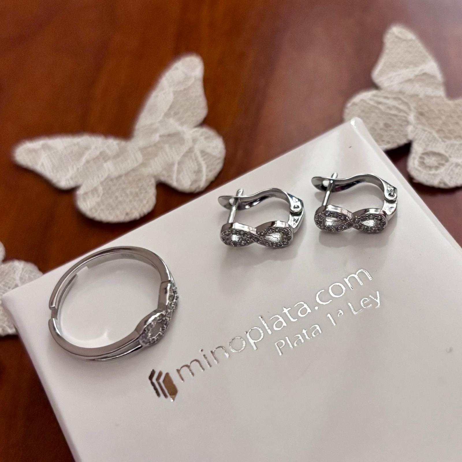 Conjunto Pendientes y Anillo ajustable infinito de Plata rodiada con Circonitas para niña 2
