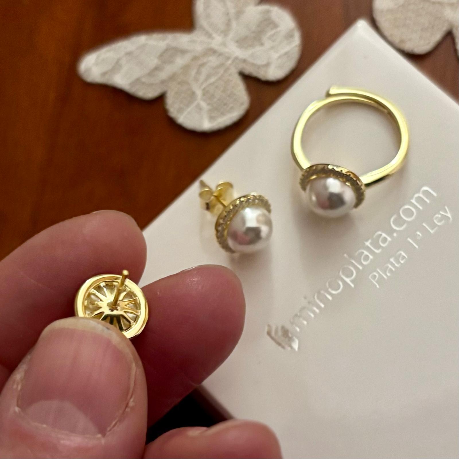 Conjunto Pendientes y Sortija ajustable de Plata chapada en Oro con Perlas cultivadas y Circonitas 3