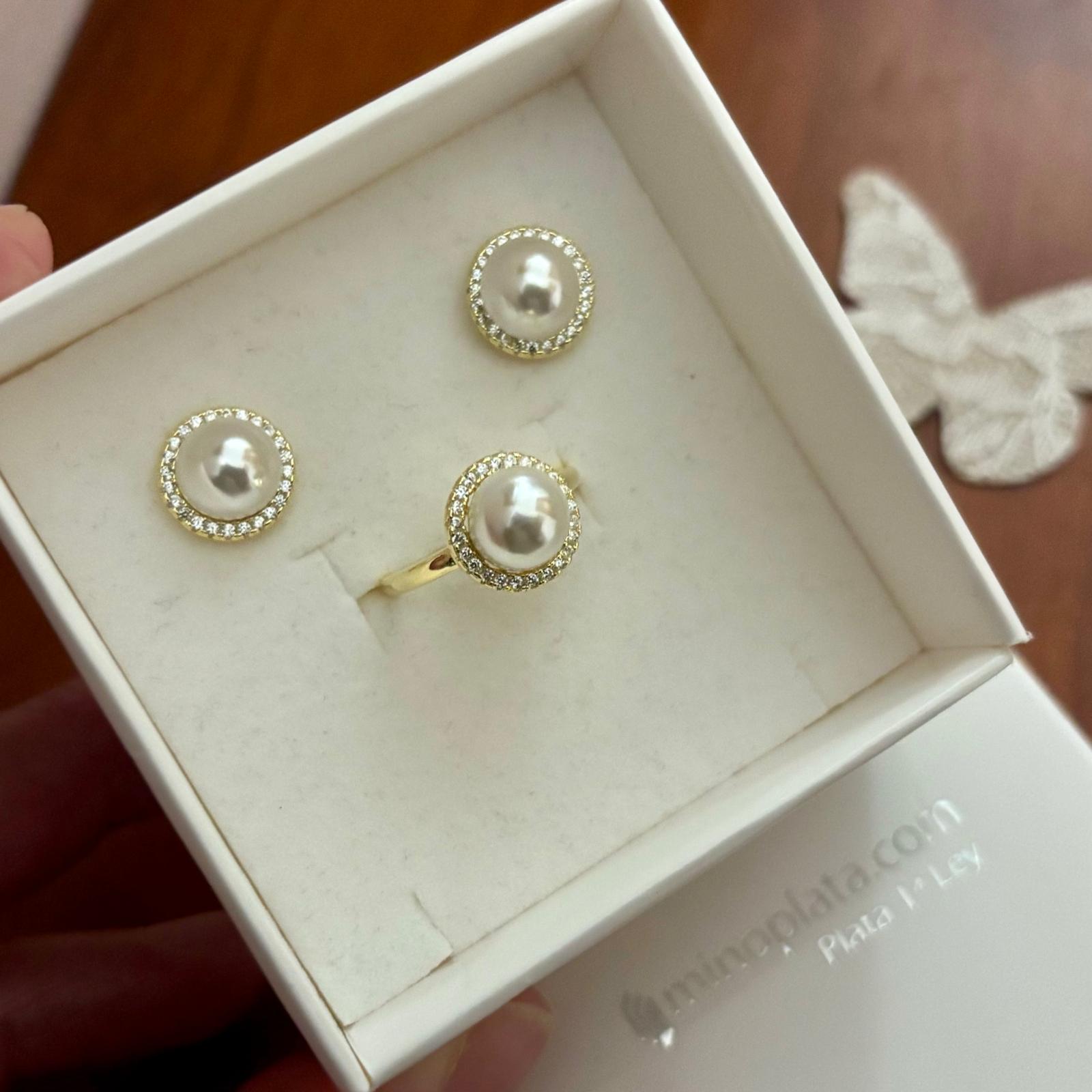 Conjunto Pendientes y Sortija ajustable de Plata chapada en Oro con Perlas cultivadas y Circonitas 4
