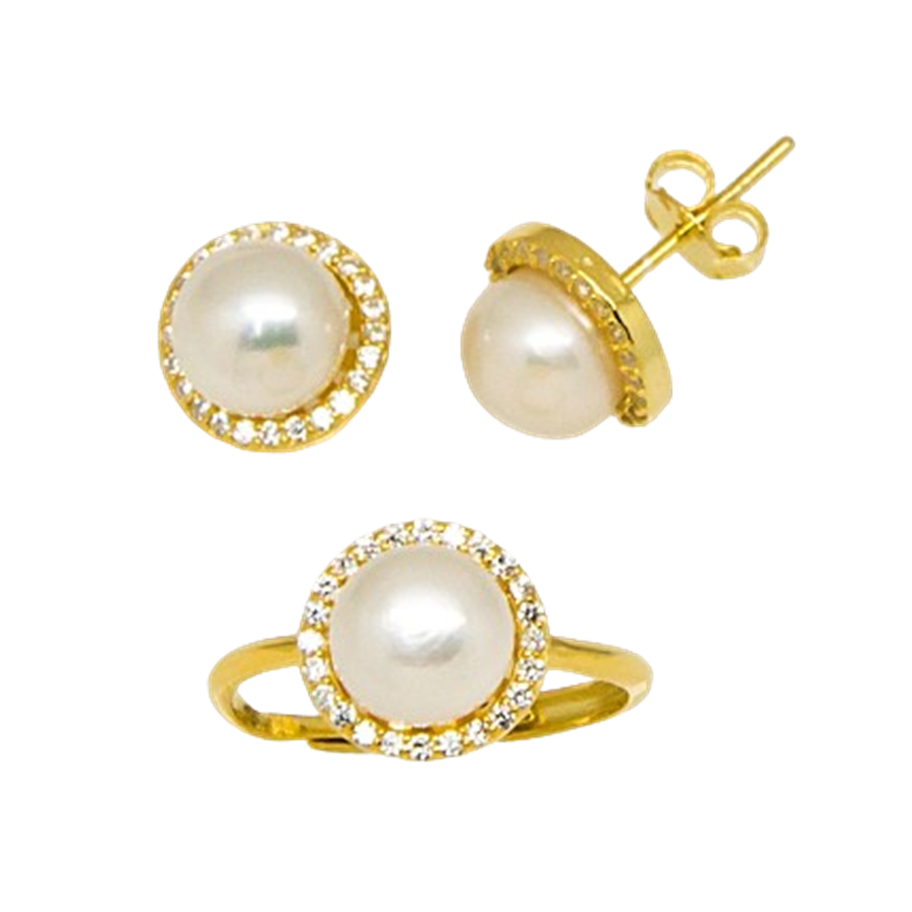 Conjunto Pendientes y Sortija ajustable de Plata chapada en Oro con Perlas cultivadas y Circonitas 1