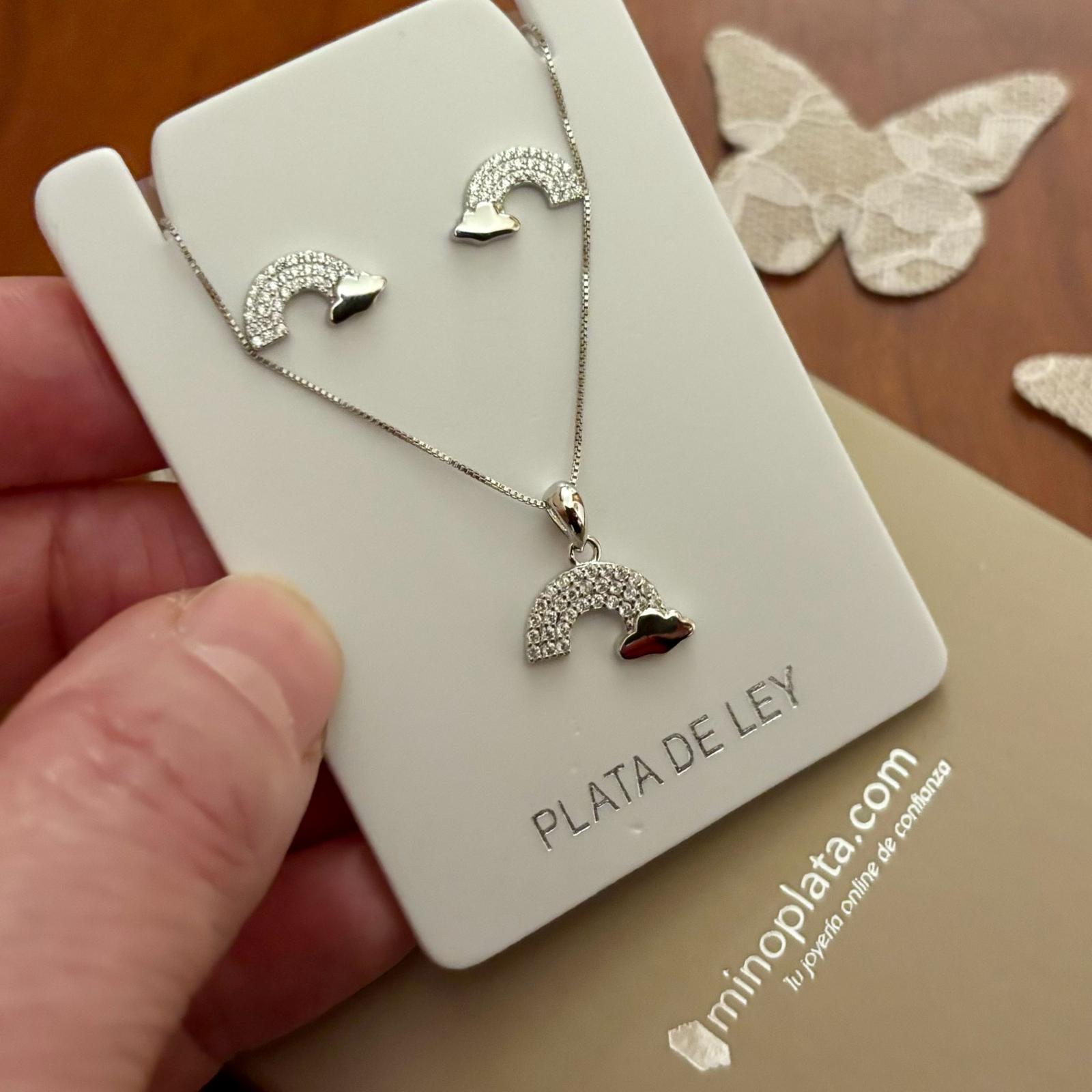 Conjunto Pendientes y Gargantilla Arcoíris de Plata rodiada y Circonitas
