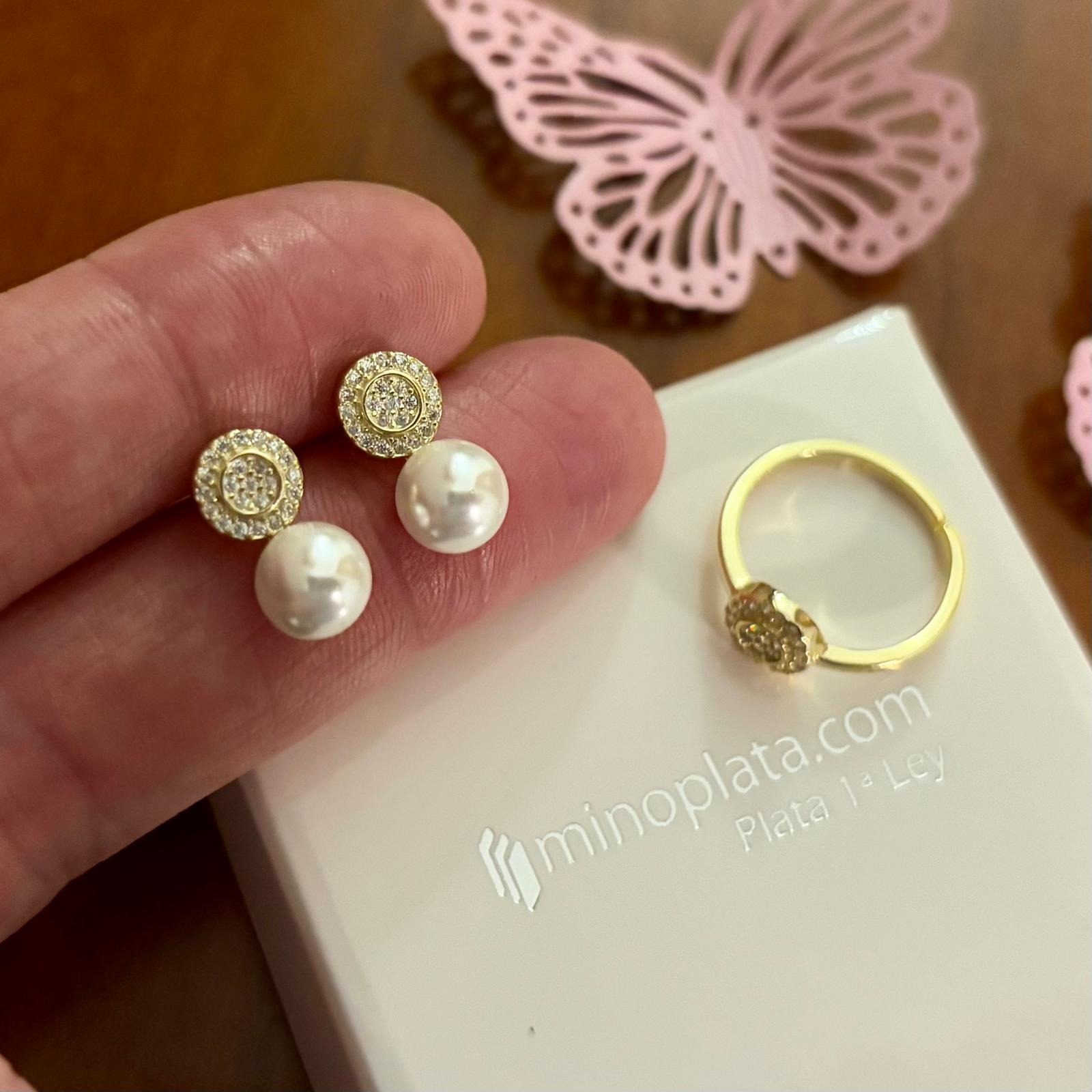 Juego de Pendientes y Anillo ajustable en Plata chapada dorada con Perlas cultivadas y Circonitas 4