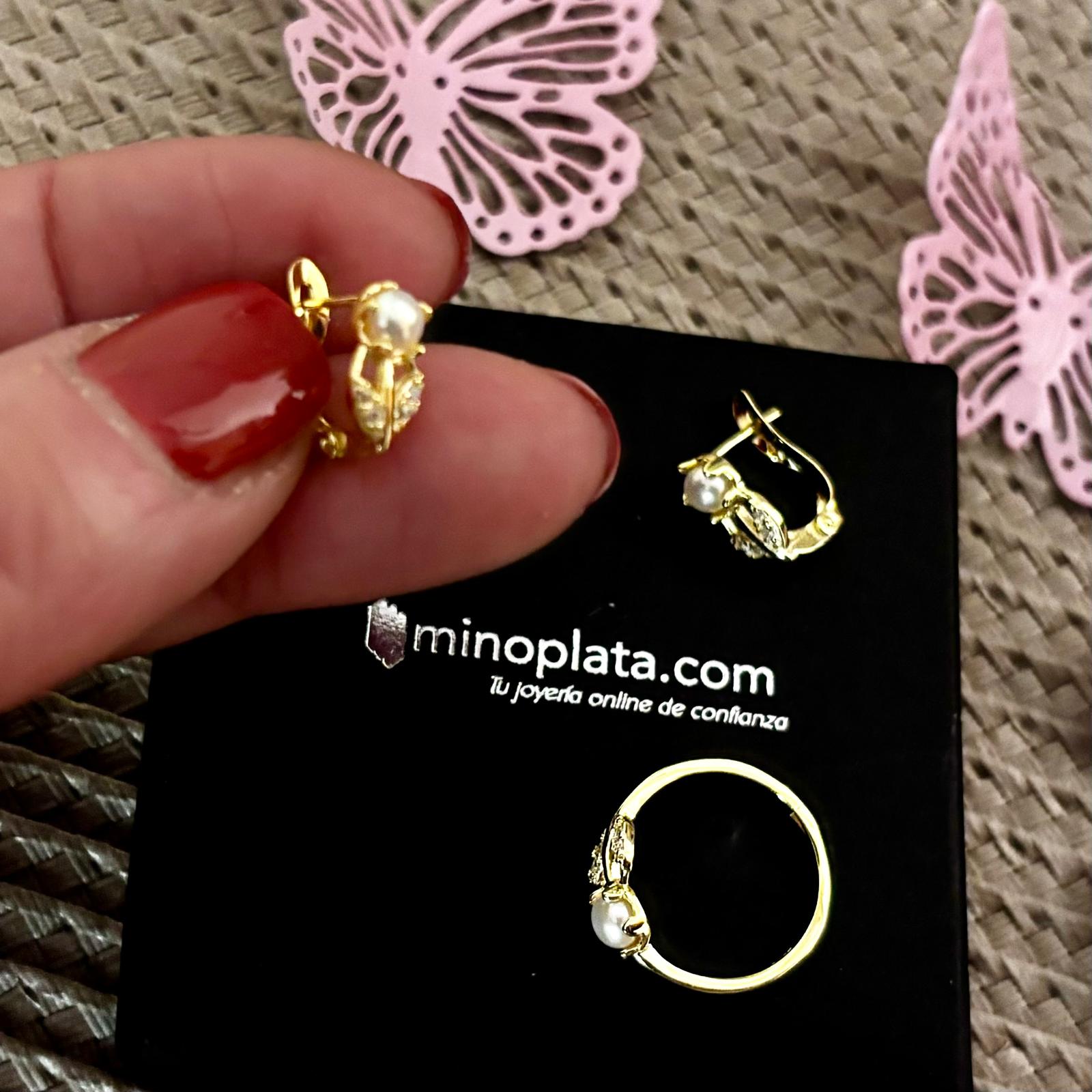 Juego Pendientes y Anillo ajustable flor de Plata chapada en Oro con Perlas cultivadas y Circonitas para niña 2