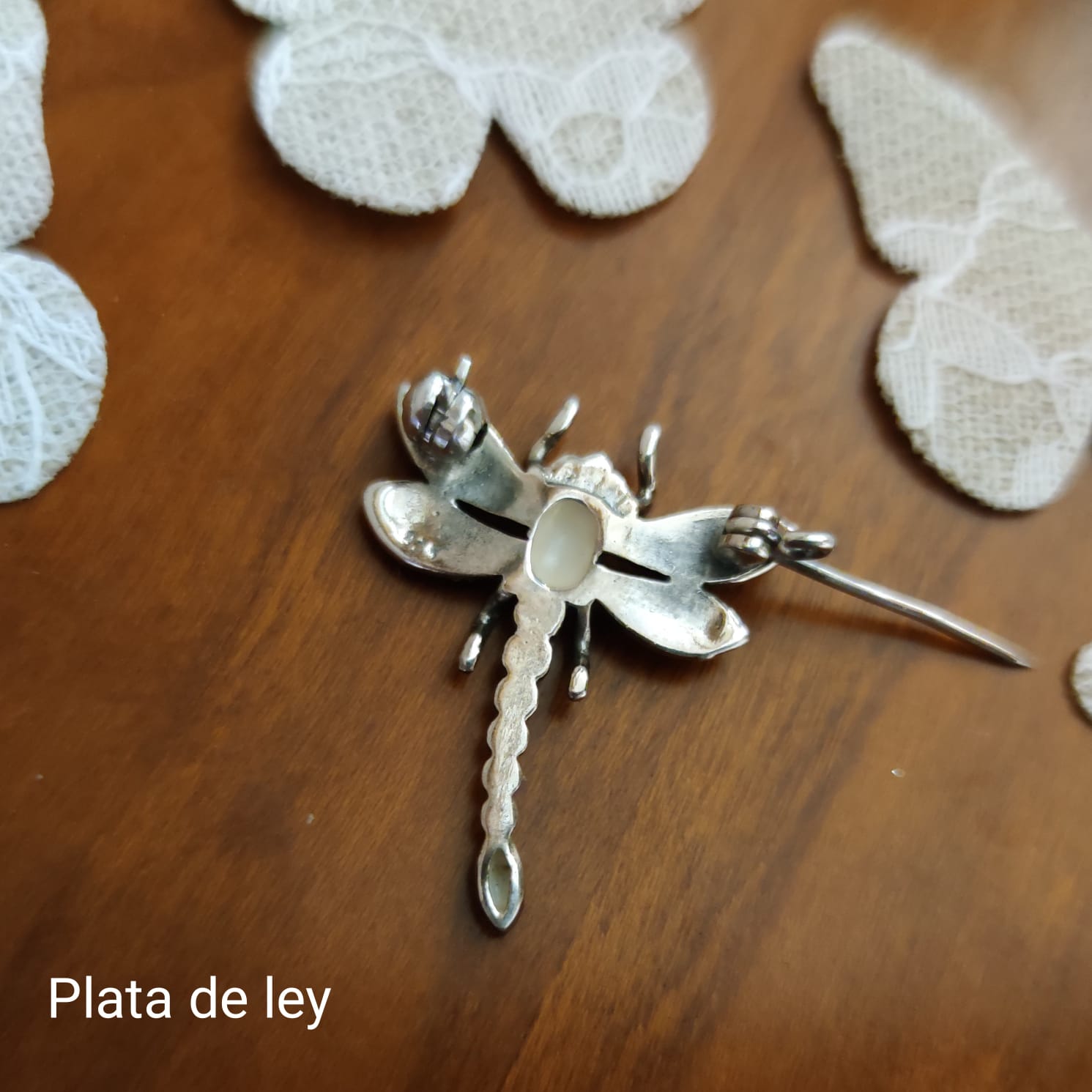 Alfiler libélula de Plata de ley envejecida con Nácar y Piedras 3
