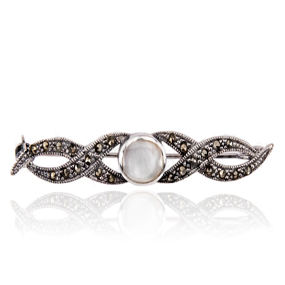 Alfiler de mantilla en Plata vieja con Nácar y piedras Marcasita