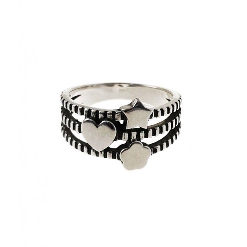 Anillo líneas flor, corazón y estrella de Plata envejecida