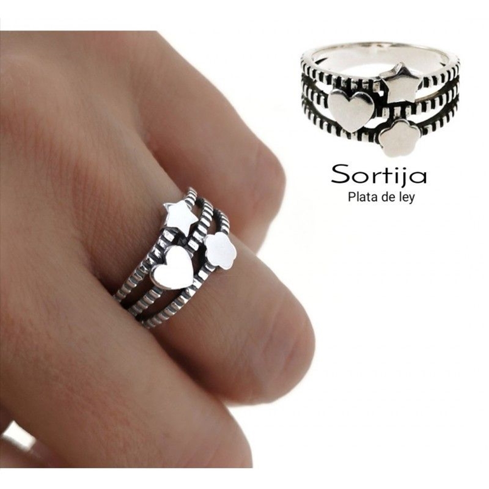 Anillo líneas flor, corazón y estrella de Plata envejecida 1