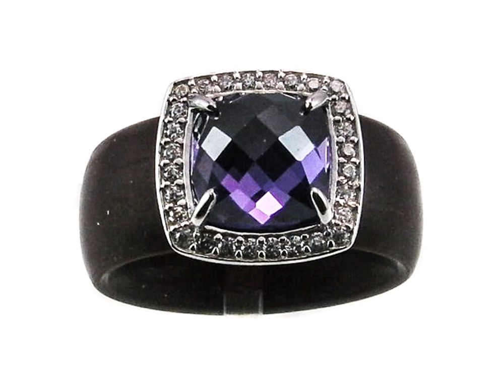 Anillo mujer de caucho marron con Plata rodiada y Circonitas
