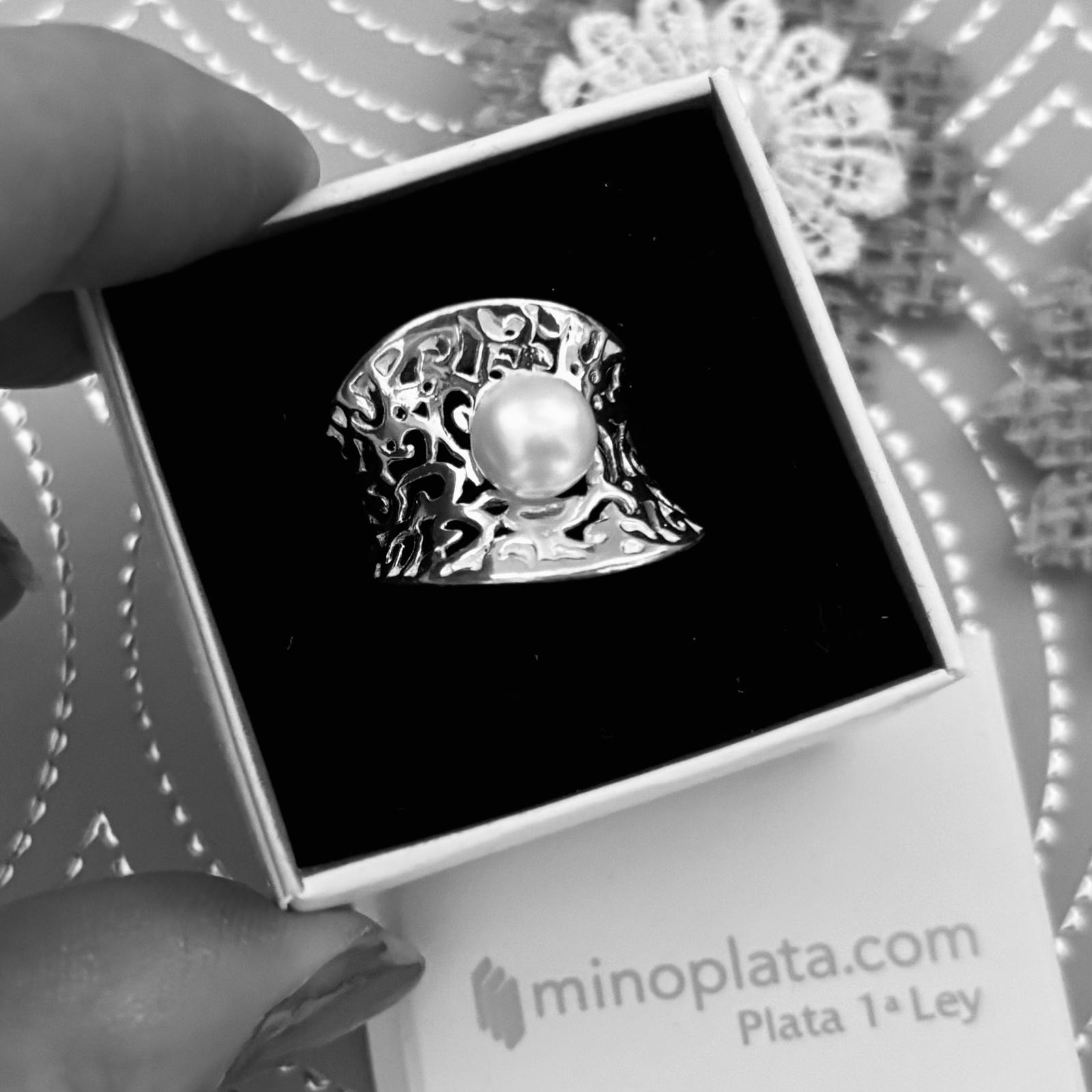 Anillo calado de Plata de ley 925 con Perla botón 2