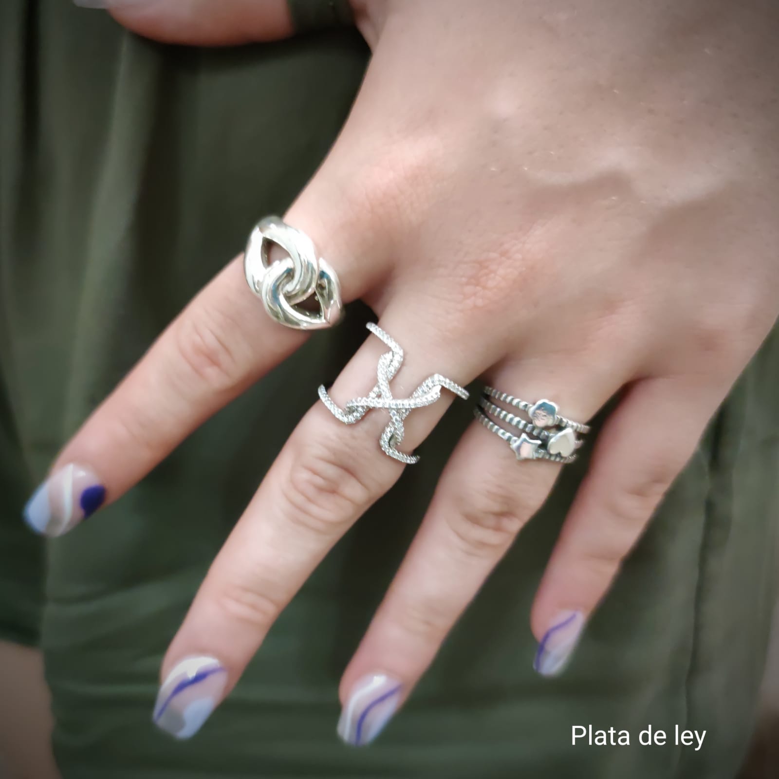 Anillo líneas flor, corazón y estrella de Plata envejecida 4