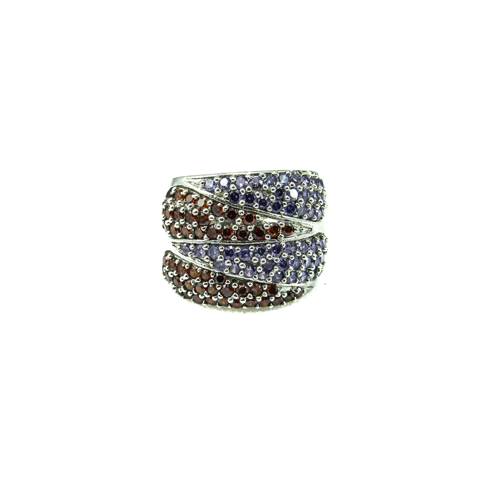 Anillo de Plata Rodiada y Circonitas Rojas y Moradas