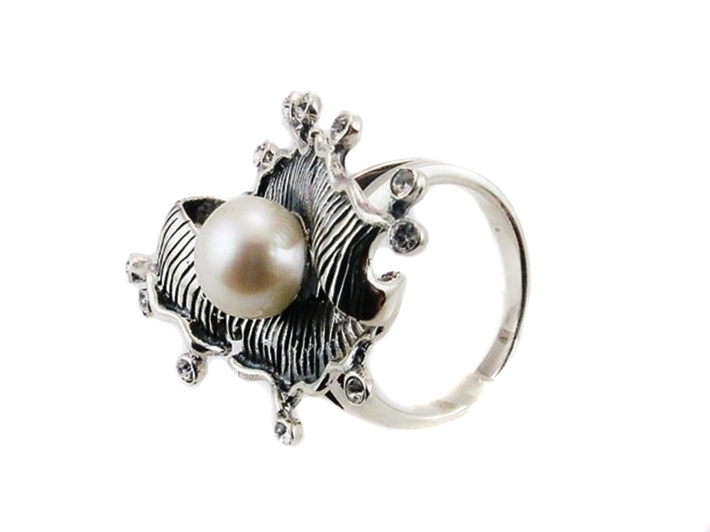 Anillo Plata de ley vieja con Perla y Circonitas blancas 1