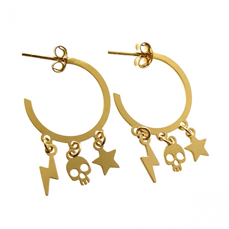 Pendientes Aros Plata dorada calavera, estrella y rayo 17 Mm.