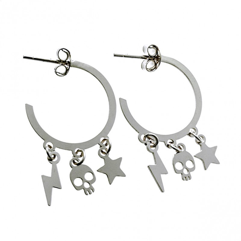Pendientes aros calavera, estrella y rayo de Plata de ley 17 Mm.