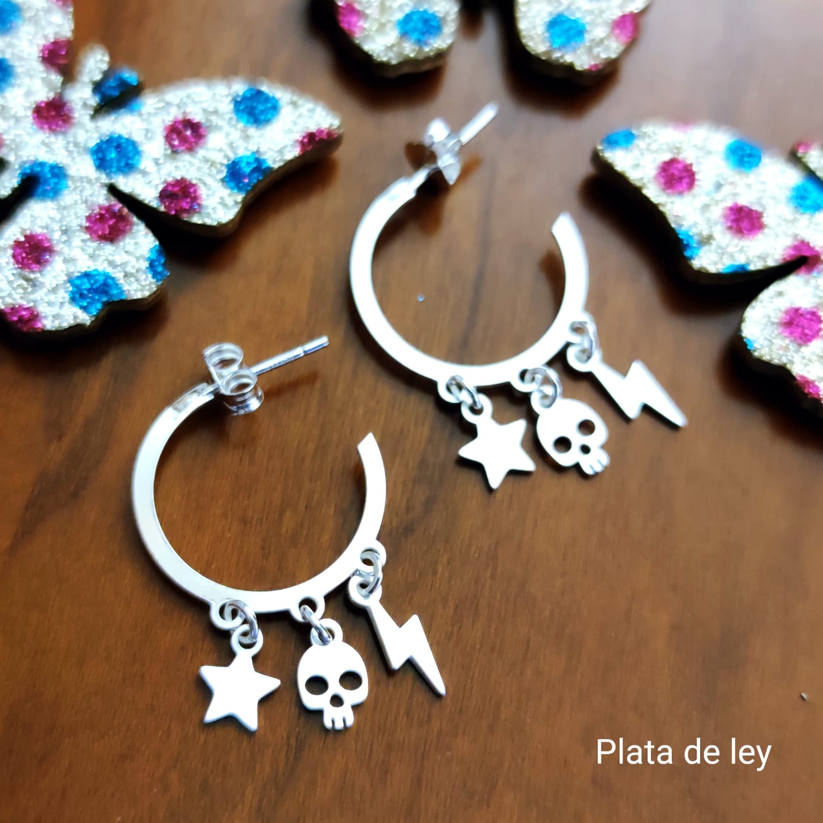 Pendientes aros calavera, estrella y rayo de Plata de ley 17 Mm. 1