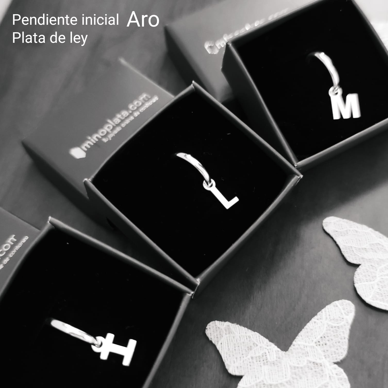 Pendiente aro con cualquier inicial de Plata de ley (Medio par) 4