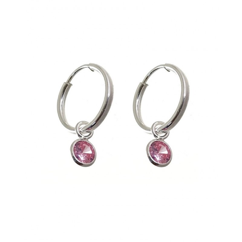 Aros de Plata de ley 12 Mm. con Circonita rosa colgante
