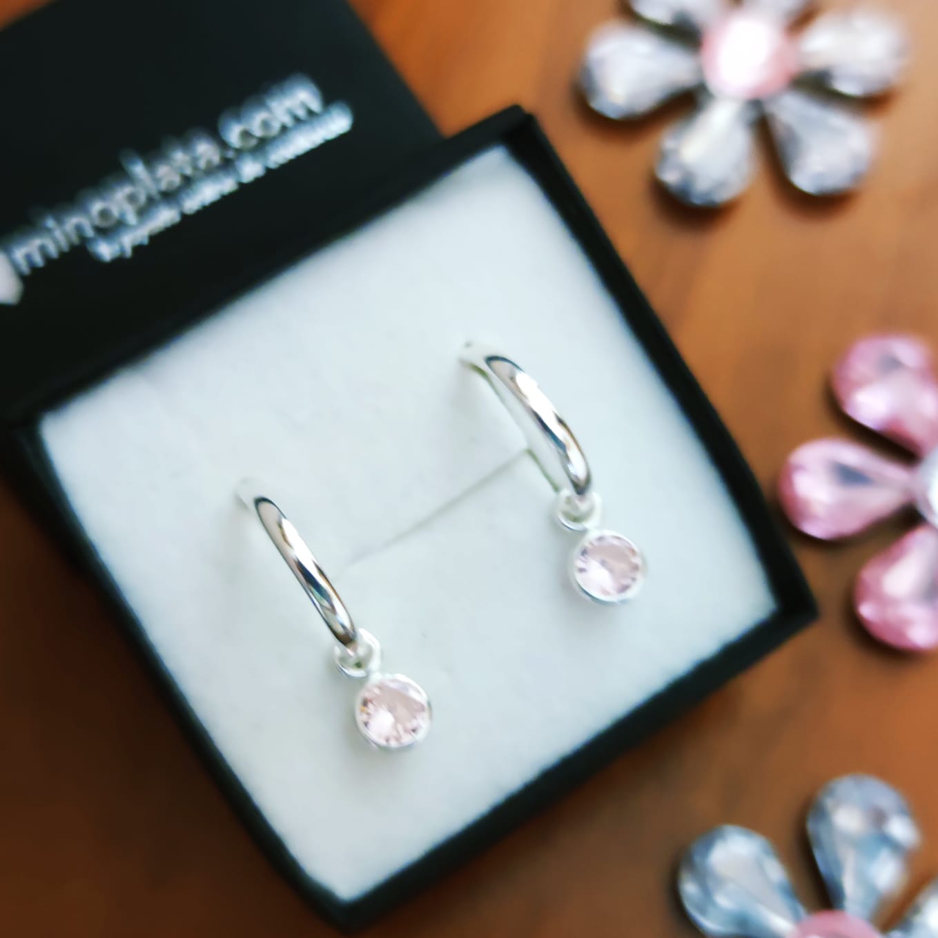 Aros de Plata de ley 12 Mm. con Circonita rosa colgante 2