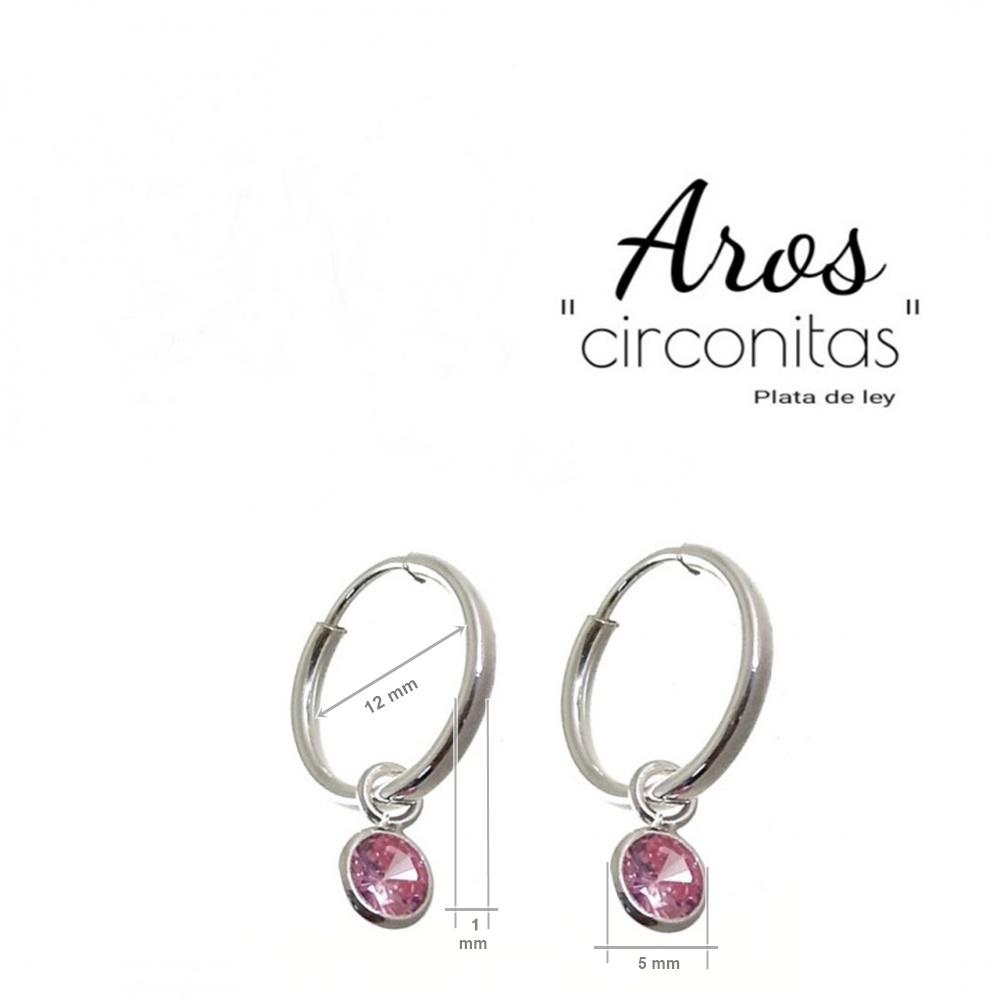 Aros de Plata de ley 12 Mm. con Circonita rosa colgante 3
