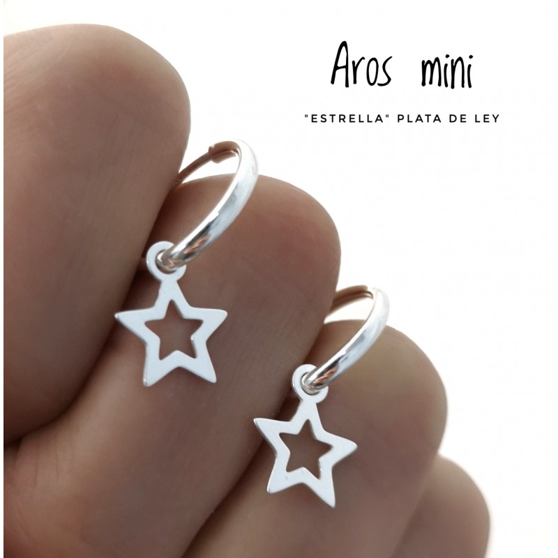 Pendientes Aros mini 14 Mm Plata de ley con estrella colgante 1