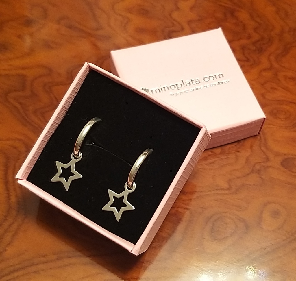 Pendientes Aros mini 14 Mm Plata de ley con estrella colgante 2