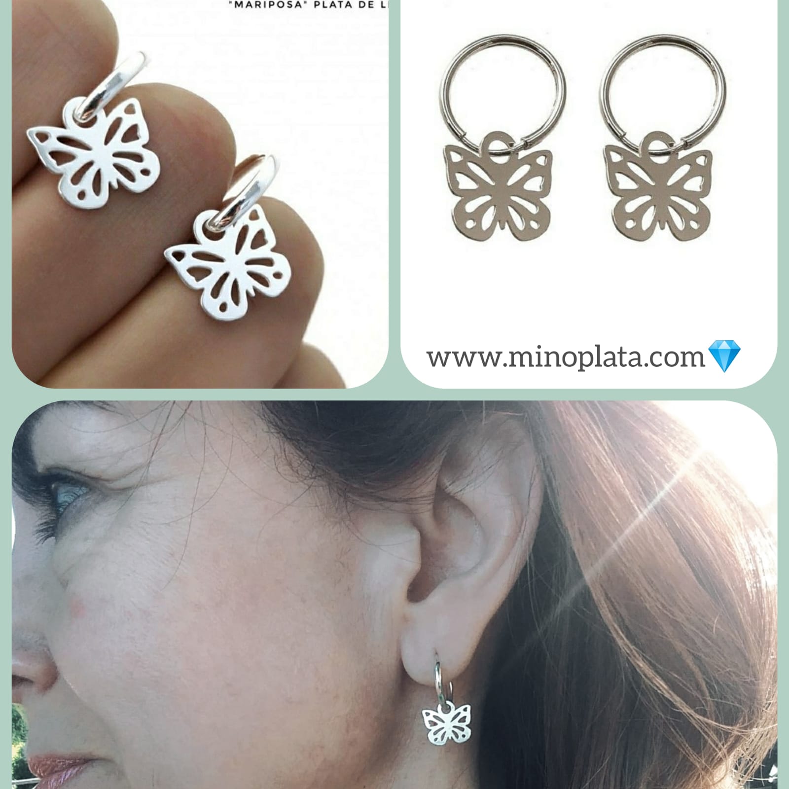 Pendientes Aro 14mm de Plata de ley con Mariposa colgante 4
