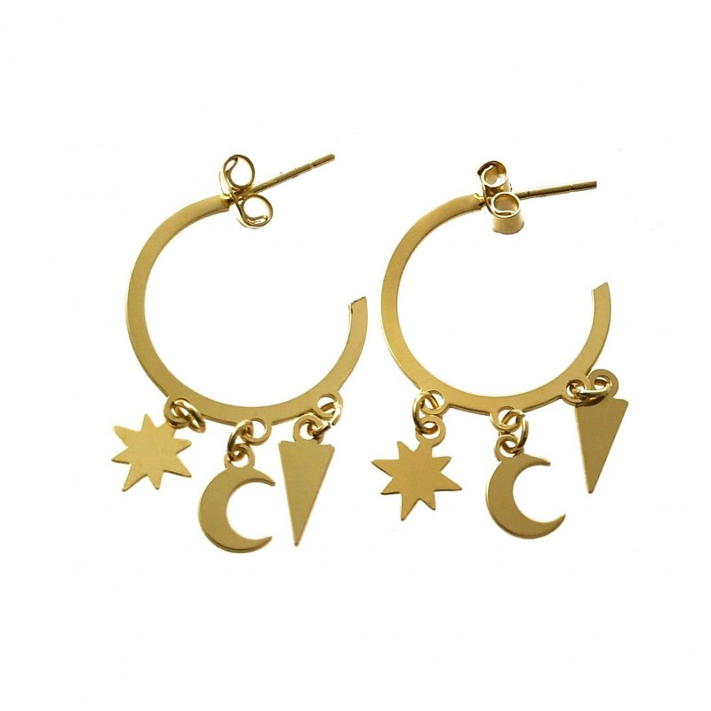 Pendientes Aros Rosa de los vientos, luna y triángulo Plata chap