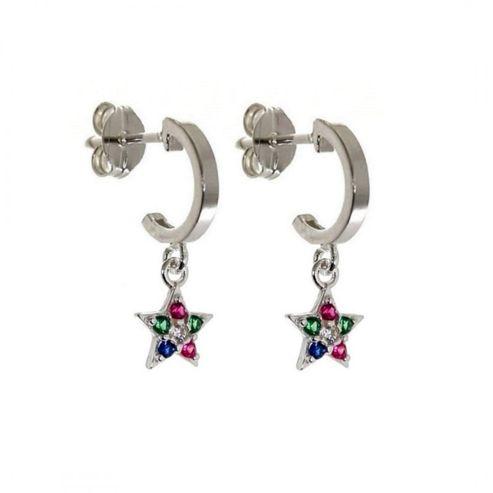 Pendientes aros lisos 10 Mm. de Plata estrella colgante piedras