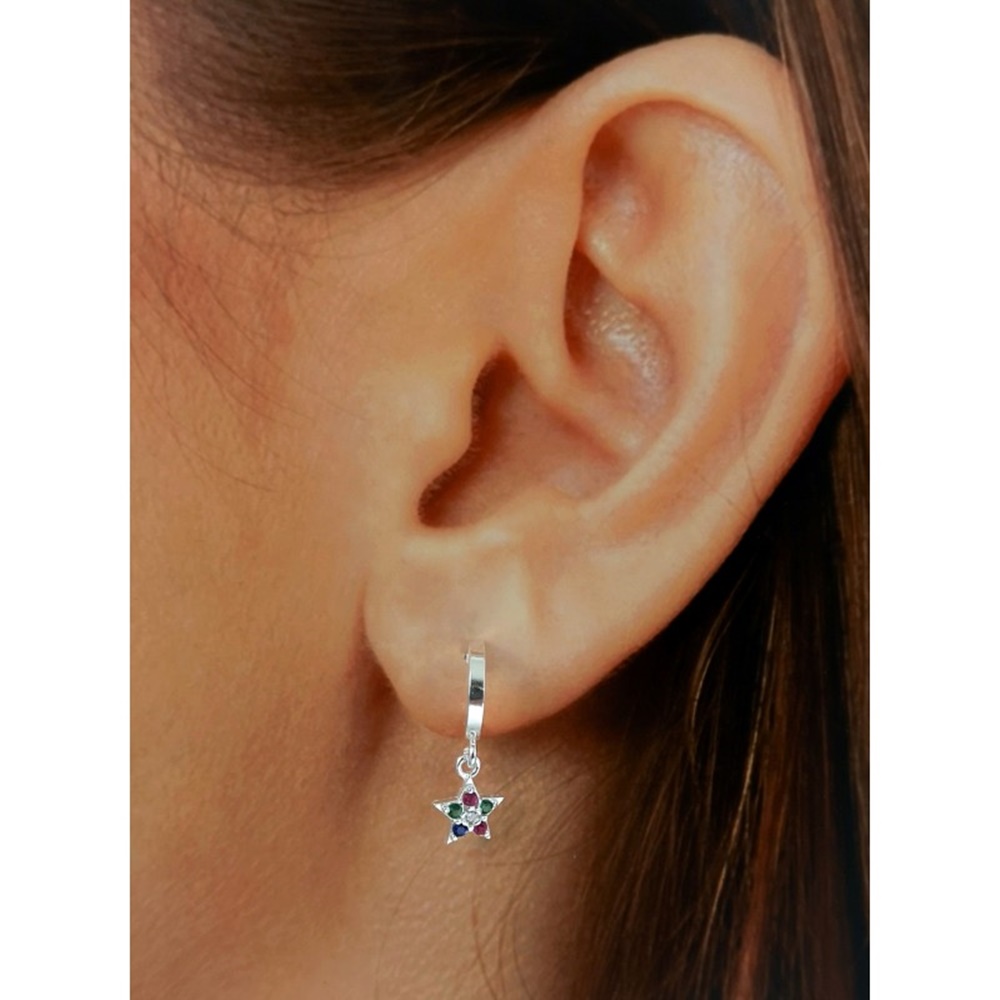 Pendientes aros lisos 10 Mm. de Plata estrella colgante piedras 1