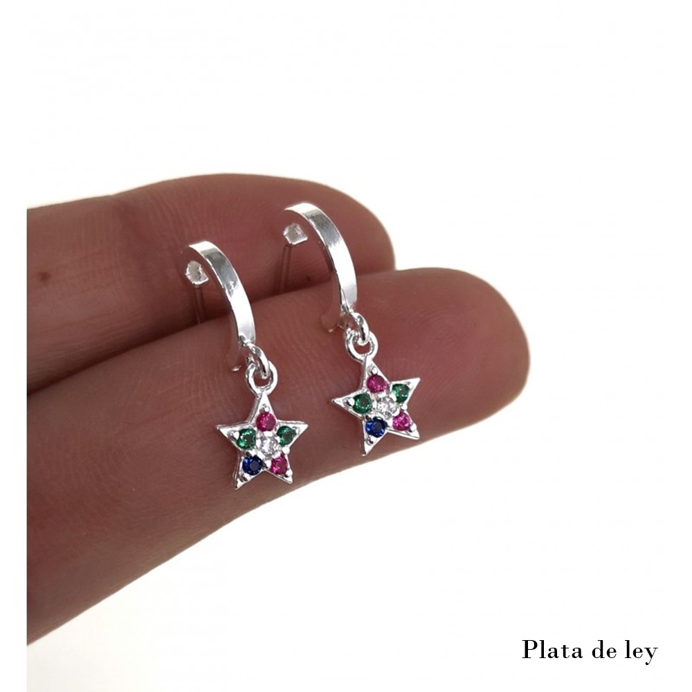 Pendientes aros lisos 10 Mm. de Plata estrella colgante piedras 2