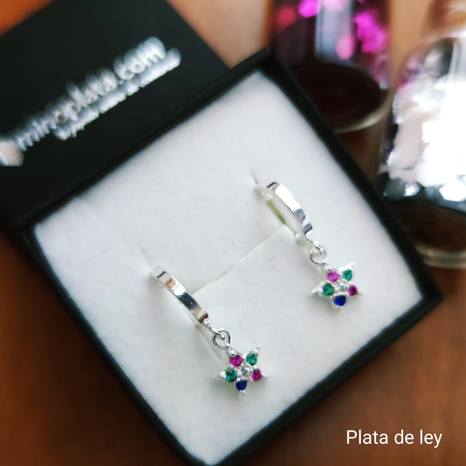 Pendientes aros lisos 10 Mm. de Plata estrella colgante piedras 3