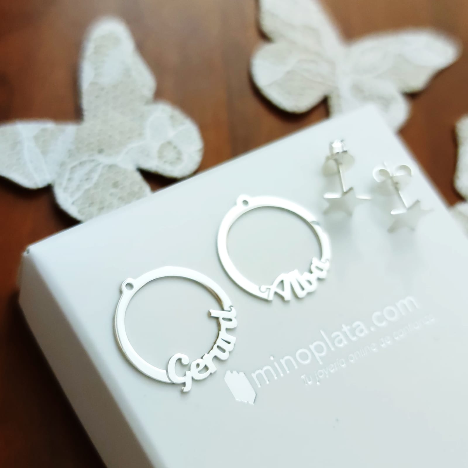 Pendientes aros estrella y personalizados nombres de Plata 5