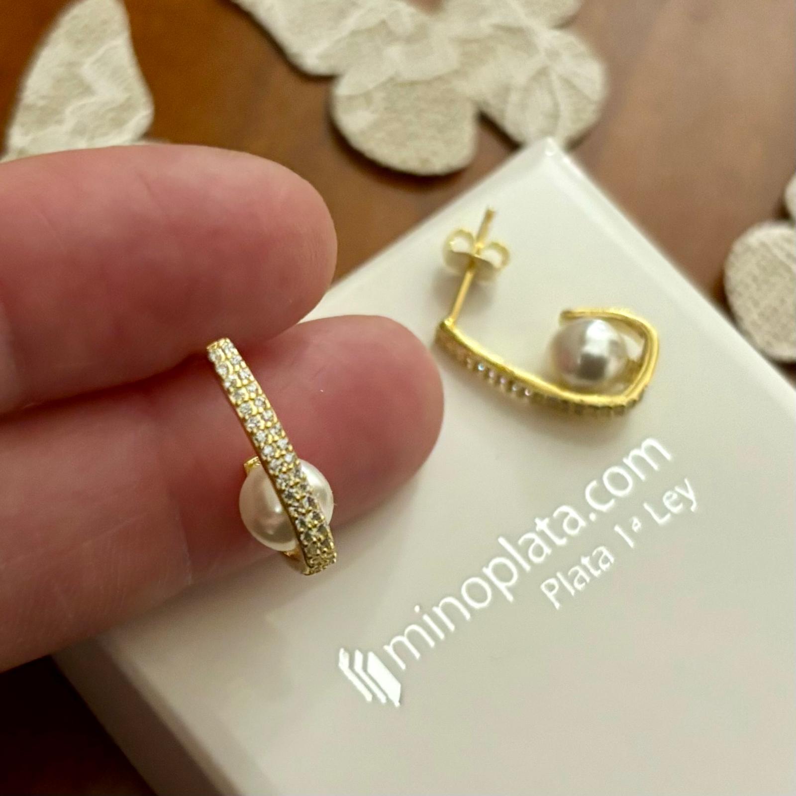Pendientes aros de Plata chapada en Oro con Perlas y Circonitas